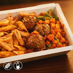 400g - Almôndegas de Patinho, Penne de Arroz ao Molho Sugo e Mix Mediterrâneo de Legumes