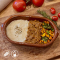 400g - Carne de Panela Desfiada, Purê de Aipim e Mix Selecionado de Legumes