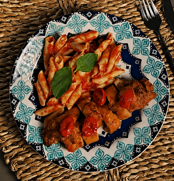 400g - Filé de Sobrecoxa Assada com Penne de Arroz ao Molho Sugo | Sem Legumes