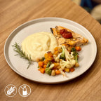 400g - Filé de Salmão, Purê de Batata e Mix Mediterrâneo de Legumes