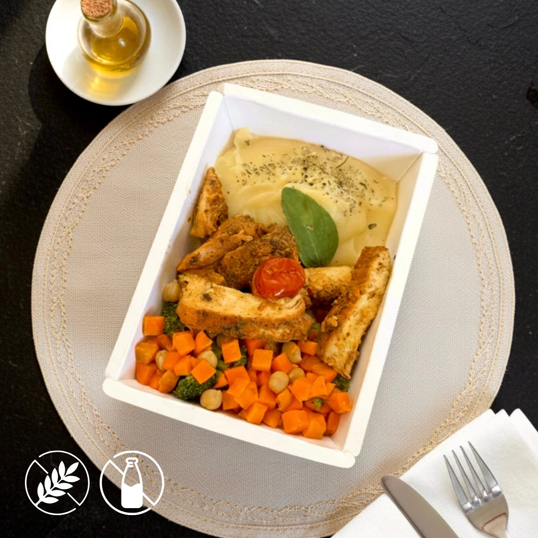 400g - Filé de Frango Grelhado, Purê de Batata e Mix Mediterrâneo de Legumes