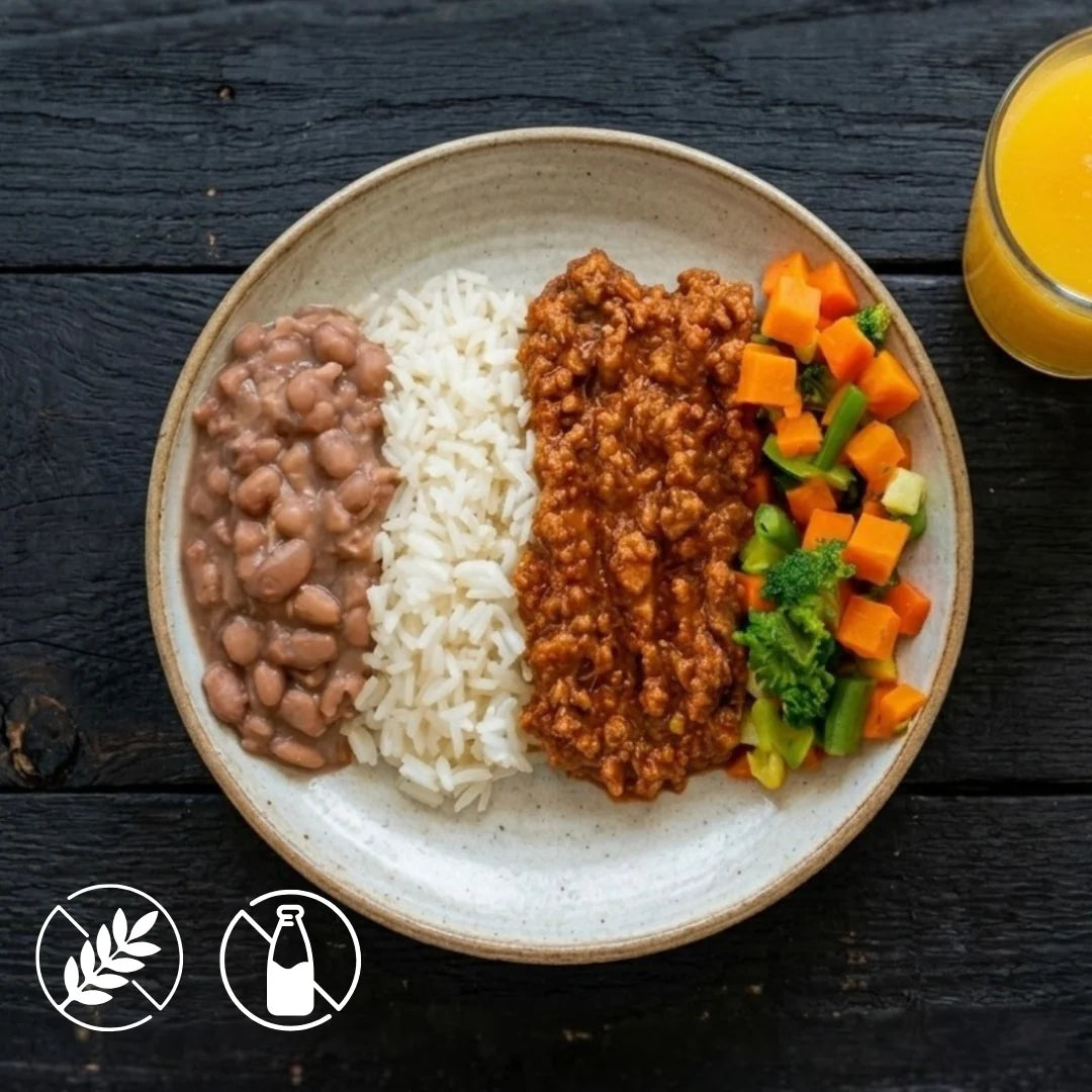 400g - Patinho Moído, Arroz Branco, Feijão Carioca e Mix Selecionado de Legumes