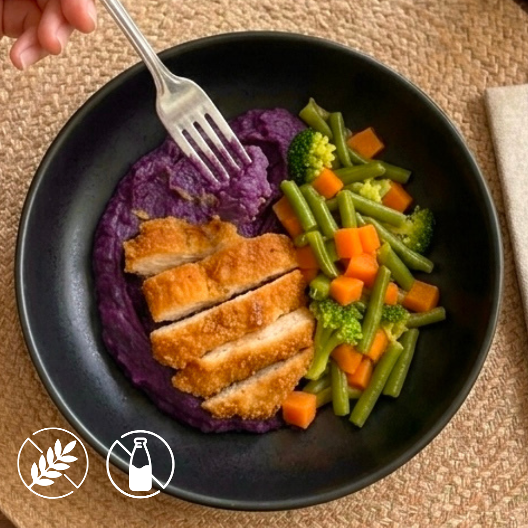 400g - Filé grelhado de Frango com Purê de Batata Doce Roxa e Mix de Legumes