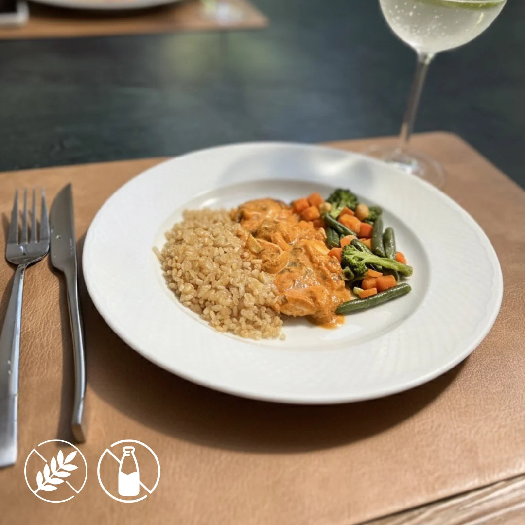 400g - Strogonoff de Frango, Arroz Cateto Integral e Mix Selecionado de Legumes